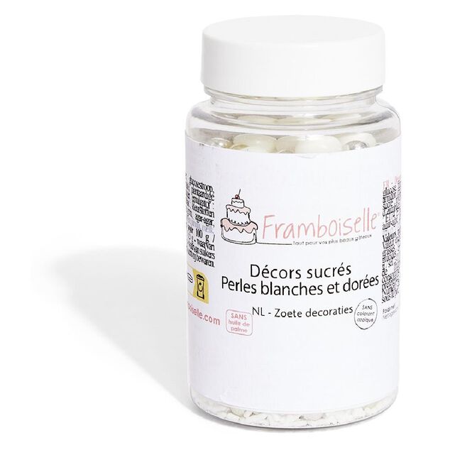 D&eacute;cor sucr&eacute; perle blanche et dor&eacute;e Framboiselle