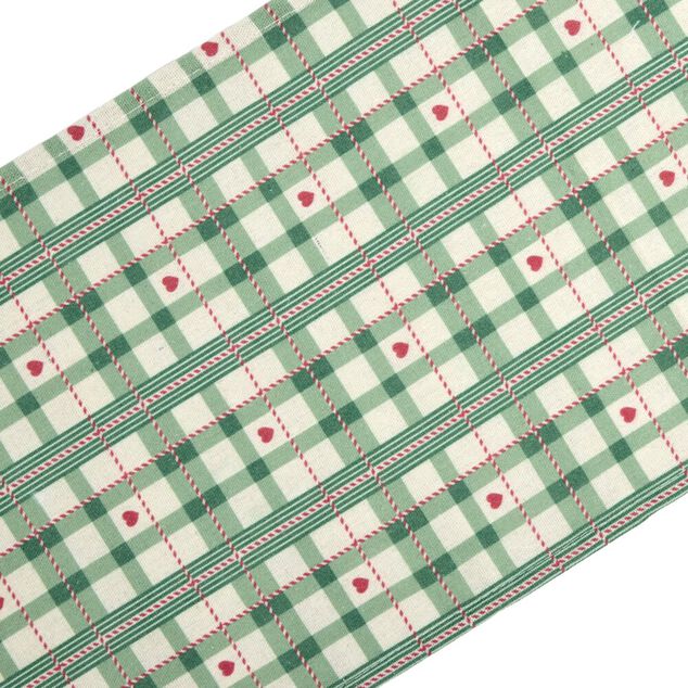 Chemin de table imprim&eacute; tartan et coeur L300X28 cm vert rouge et blanc