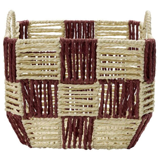 Pani&egrave;re de rangement carr&eacute;e damier papier beige et rouge 26x26xH20cm