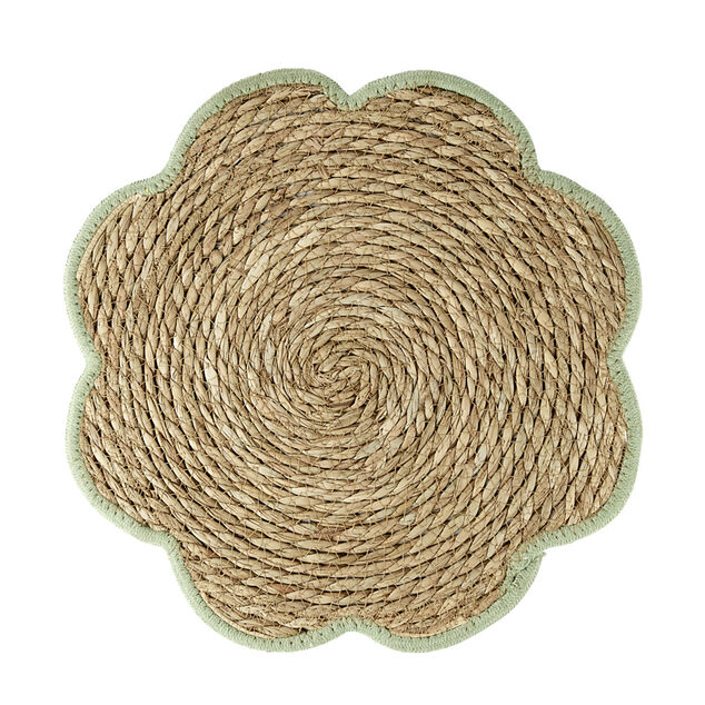 Set de table jonc de mer tress&eacute; et coton forme fleur contour vert &Oslash;38cm