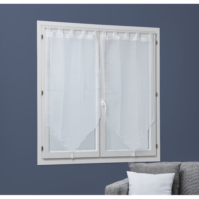 Vitrage passe tringle voile uni blanc pointe pompon 60x160cm x2