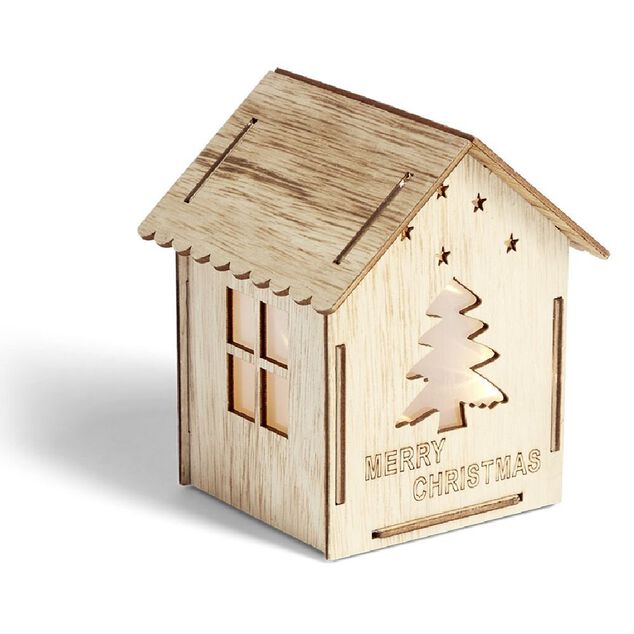 Maison lumineuse No&euml;l en bois motif sapin 5LED blanc chaud H10,5cm