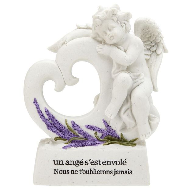 Plaque fun&eacute;raire Ange+coeur sur socle motif lavande