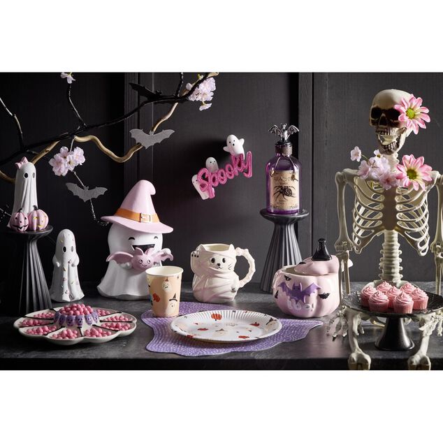 Bonbonni&egrave;re Halloween 1L citrouille dolomite rose violet &Oslash;13,5xH16cm (2 mod&egrave;les orange ou rose)