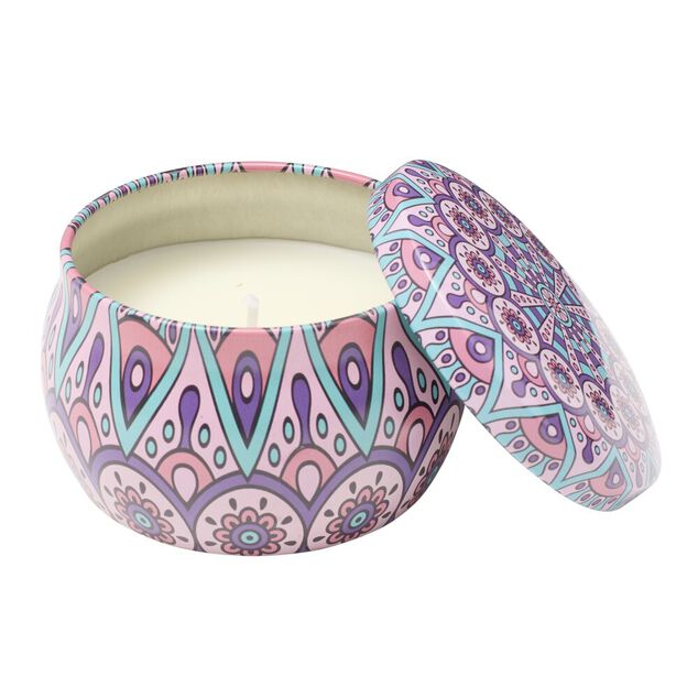 Bougie parfum&eacute;e dans pot m&eacute;tal motif indien color&eacute; 10H (3 mod&egrave;les)