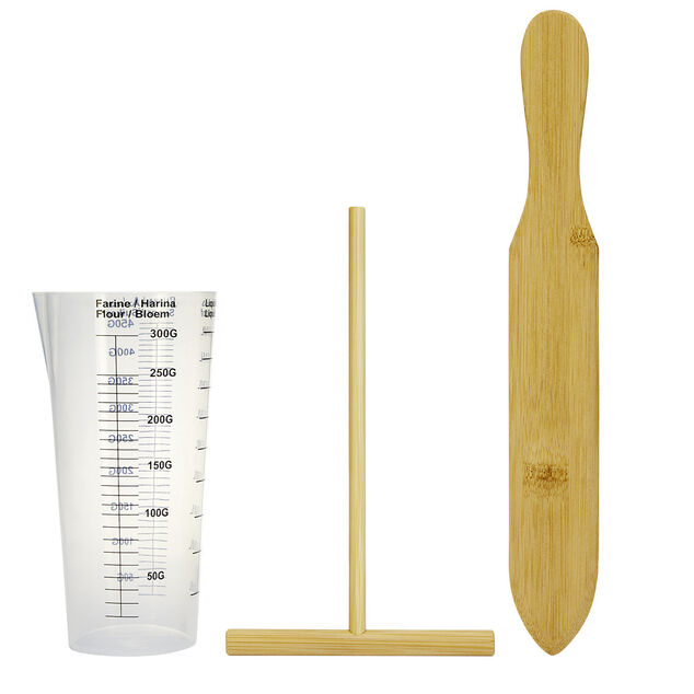 Kit &agrave; cr&ecirc;pe ustensiles 3 pi&egrave;ces (verre doseur/spatule/T)
