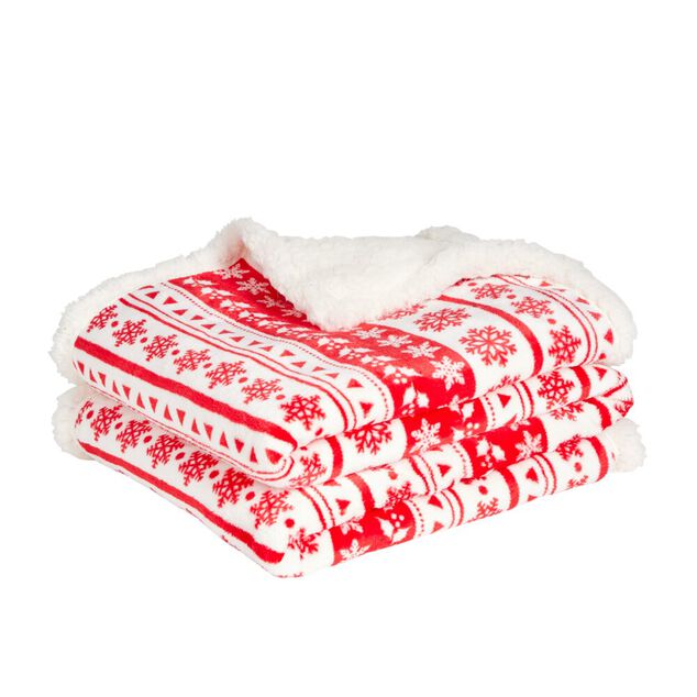 Plaid imprim&eacute; flocon No&euml;l rouge blanc dos sherpa 120x150cm