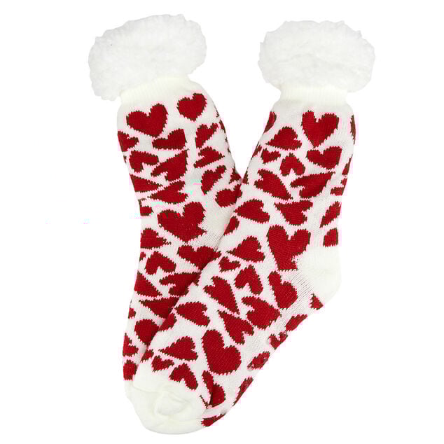 Chaussettes femme fourr&eacute;es motifs coeurs rouges et blanches 1 paire 36/40
