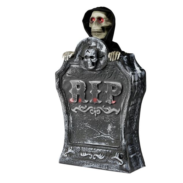 D&eacute;coration Halloween pierre tombale squelette son et lumi&egrave;re plastique noir H39cm