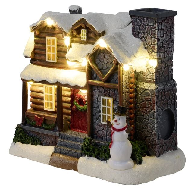 Village de No&euml;l LED anim&eacute; sc&egrave;ne fum&eacute;e de chemin&eacute;e 15x8xH13cm