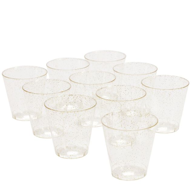 Verrine plastique r&eacute;utilisable x10 carr&eacute;e dor&eacute;e paillet&eacute;e 3x3xH5cm