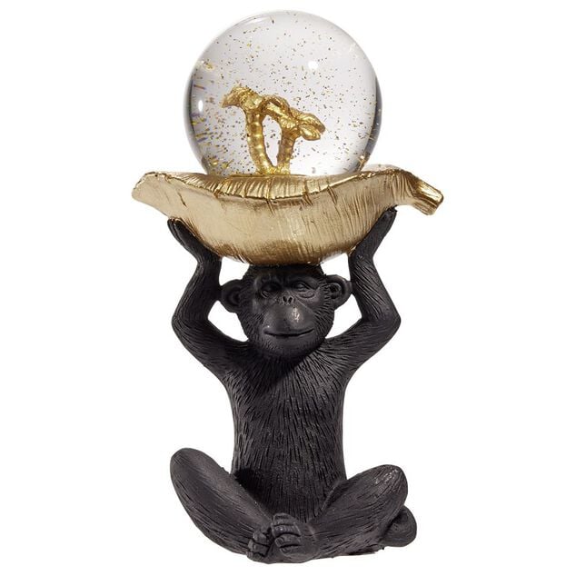 Singe &agrave; poser avec boule &agrave; paillettes et palmiers dor&eacute;s - 10x7,5xH17cm