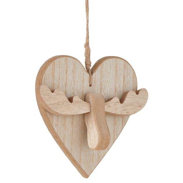Suspension de No&euml;l Coeur en mdf avec motif T&ecirc;te de Renne