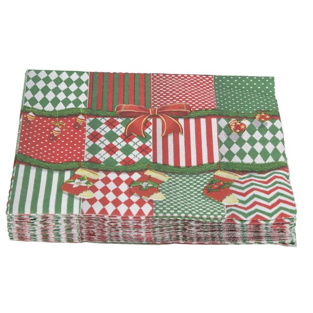 Serviette en papier 4 plis X20 pcs imprim&eacute; motifs de No&euml;l patchwork 33X33 cm rouge et vert