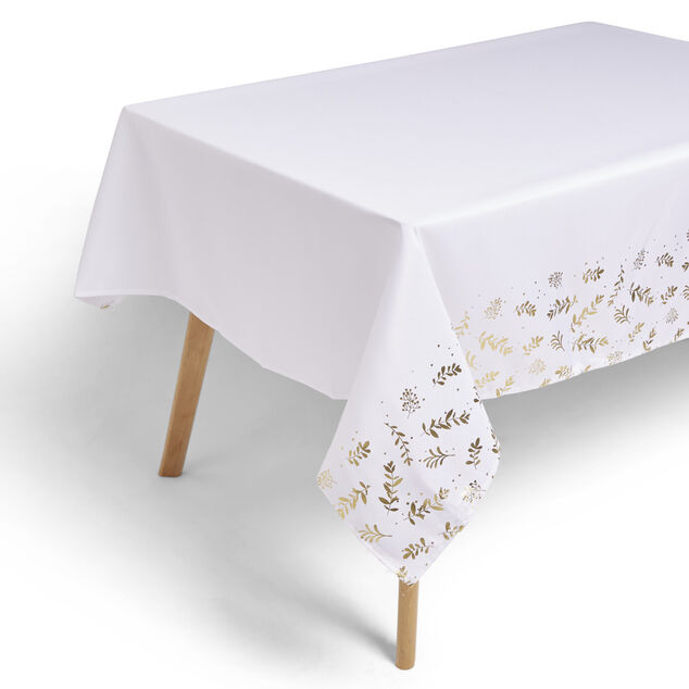 Nappe tissu blanc motif feuillage No&euml;l dor&eacute; 140xL300cm