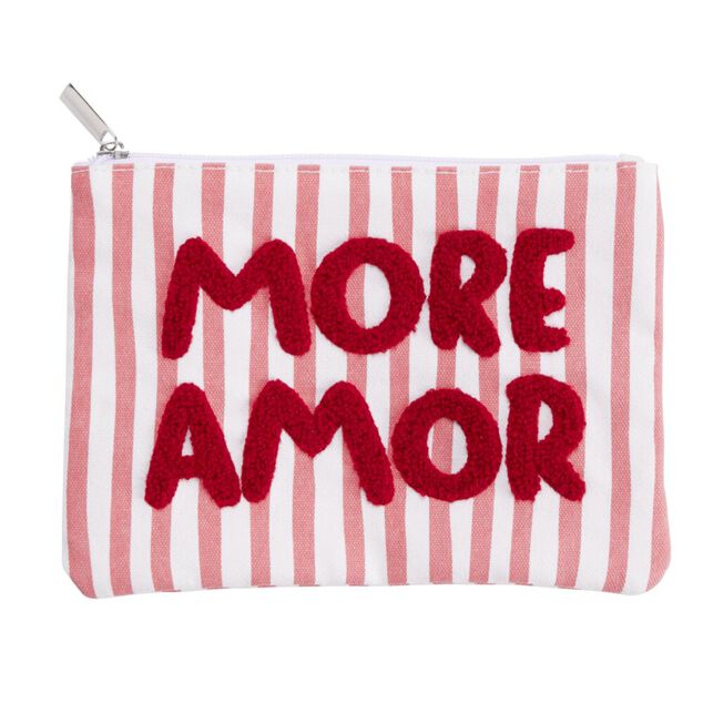 Pochette cosm&eacute;tique rayures color&eacute;es inscription message (3 mod&egrave;les)