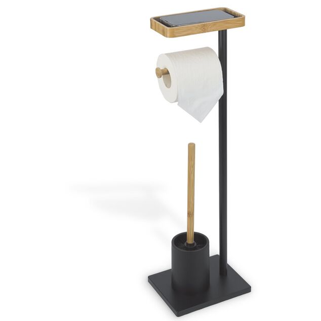 Support papier toilette brosse WC et support téléphone métal noir et bambou H66.5cm