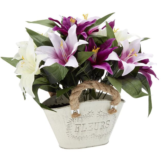Jardini&egrave;re m&eacute;tal fleur artificielle H24 cm violet