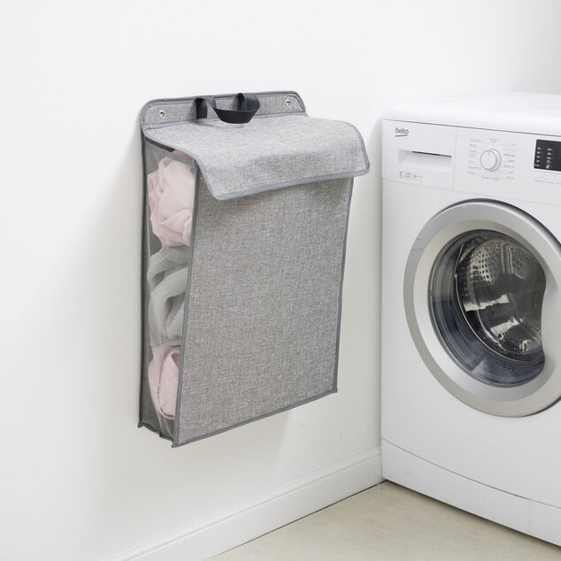 Panier &agrave; linge mural pliant tiss&eacute; gris 40,5x15xH57cm