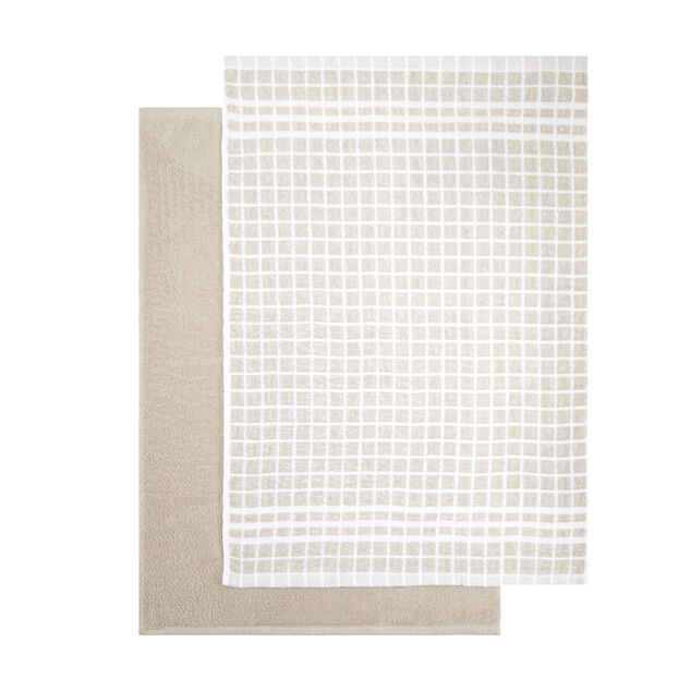 Lot de 2 torchons rectangulaires 50x70cm 100% coton blanc et beige