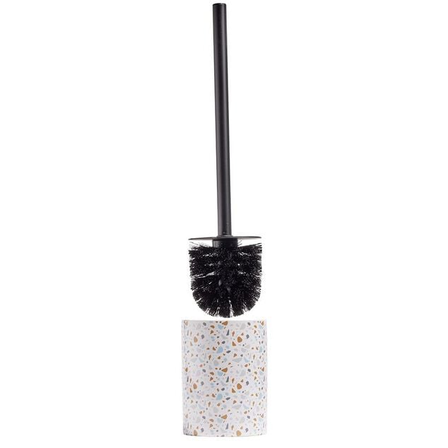 Brosse WC socle rond gr&egrave;s terrazzo blanc bleu marron &Oslash;9,2xH36cm