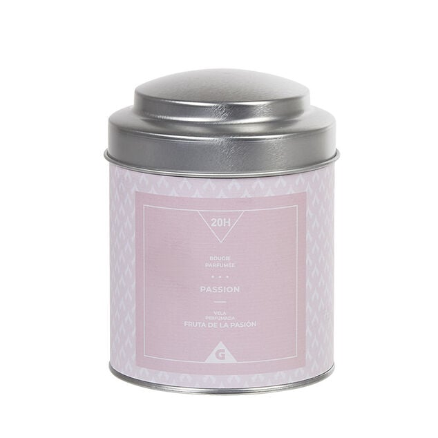 Bougie parfum&eacute;e dans pot en m&eacute;tal senteur passion