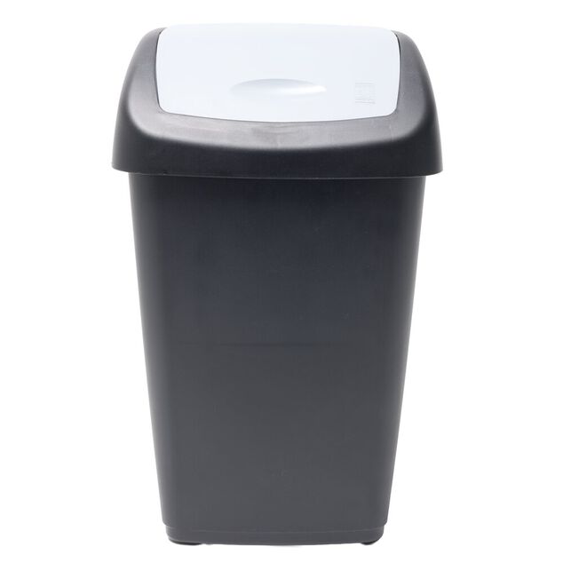 Poubelle &agrave; rabat 15L plastique noire couvercle gris 29x23xH47cm