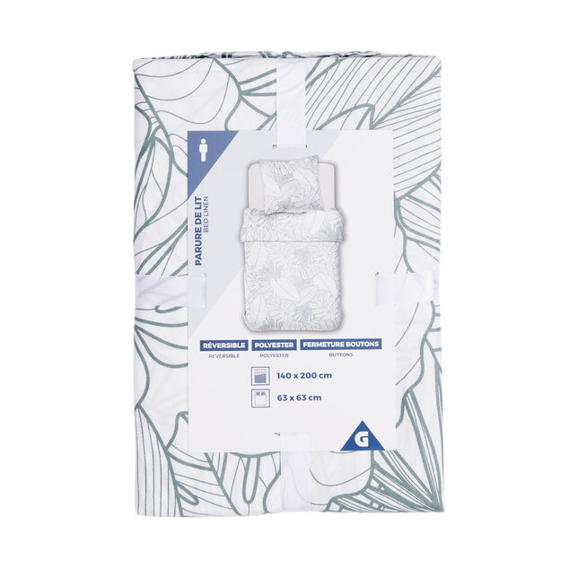 Parure de lit 1 personne 140x200cm polyester motif feuillage vert et blanc