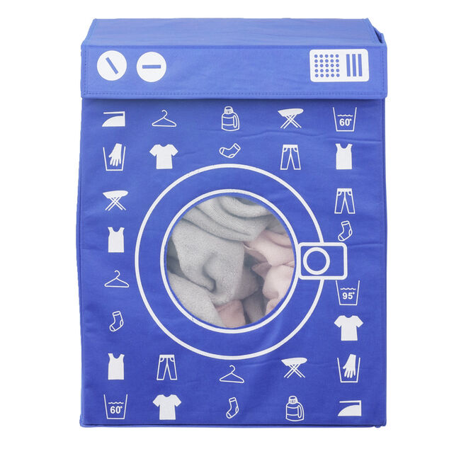 Panière de rangement à linge décor machine à laver bleu 44x35x55cm