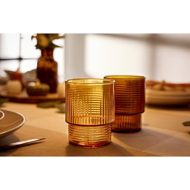 Verre bas 325 ml Helen verre stri&eacute; &Oslash;9XH7 cm (3 mod&egrave;les jaune marron ou beige)