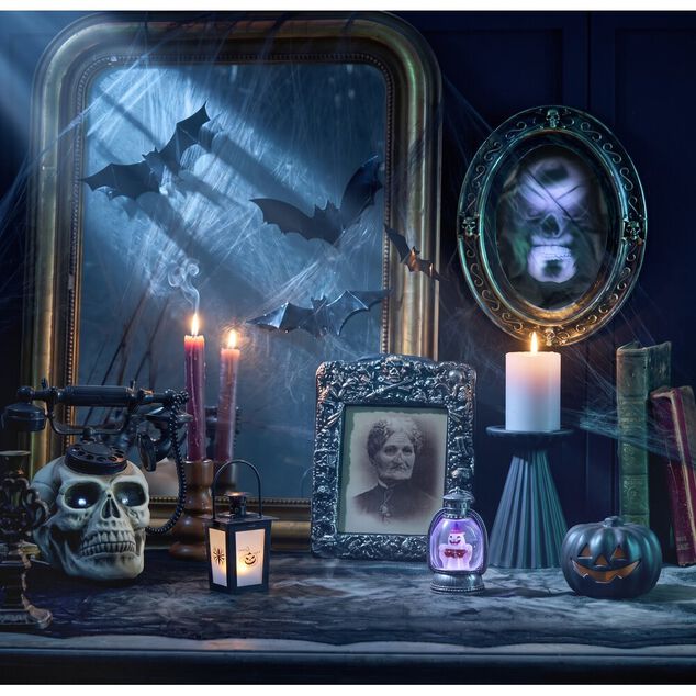 Lanterne Halloween LED d&eacute;cor citrouille plastique noir 7,5x7,5xH15,5cm (2 mod&egrave;les)