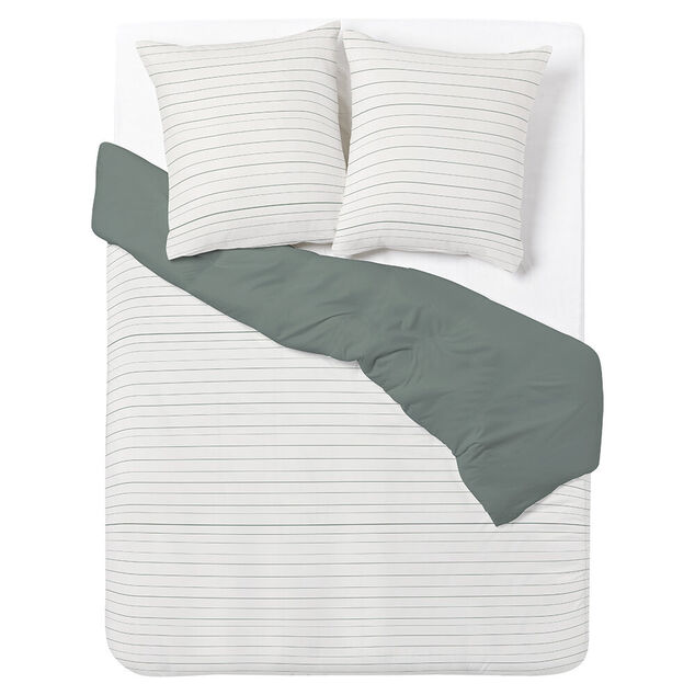Parure de lit 2 personnes 240x220cm polycoton rayure kaki et blanc