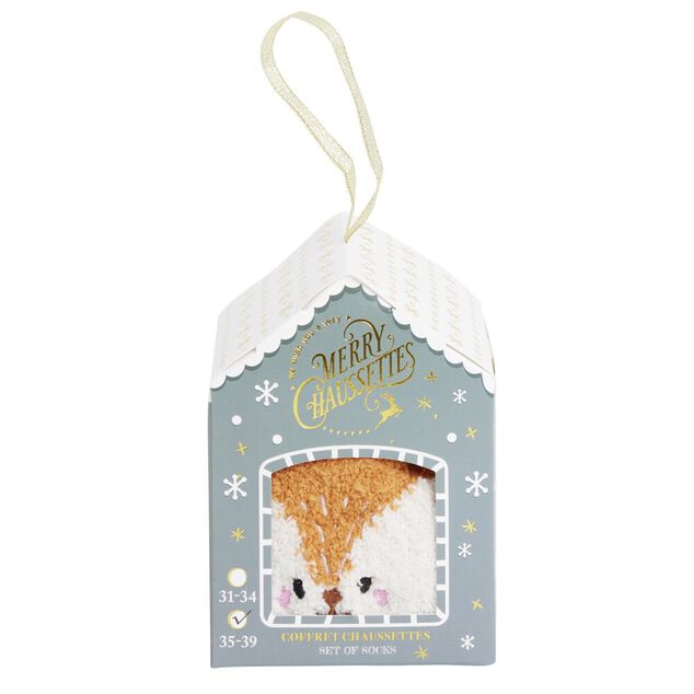 Coffret cadeau chaussettes cocooning renne No&euml;l orange et blanc (31/34 ou 35/39)