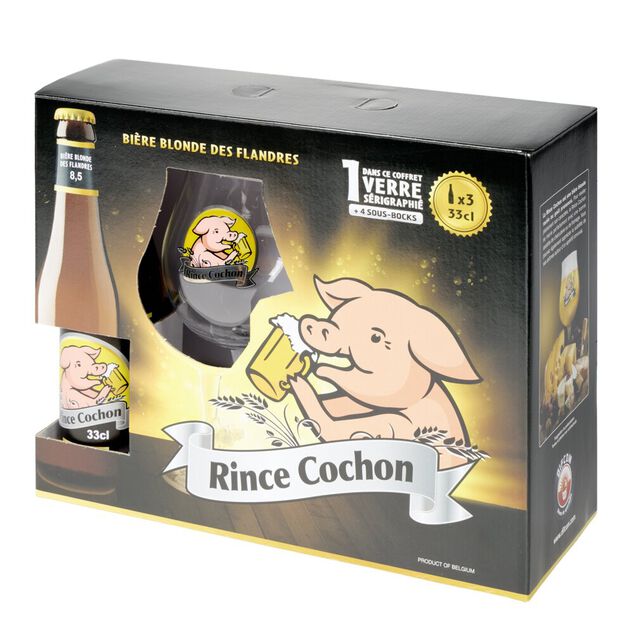 Bi&egrave;re blonde Rince Cochon 8,5% 3x33cl avec 1 verre s&eacute;rigraphi&eacute; et 4 sous-verres