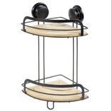 Serviteur de douche d'angle 2 niveaux bambou et m&eacute;tal noir