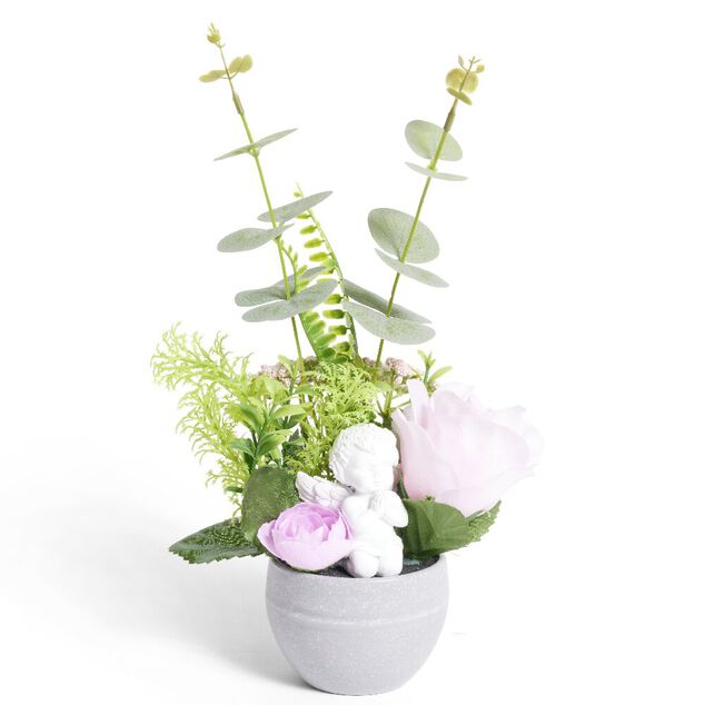 Composition fun&eacute;raire ange avec rose/eucalyptus rose &Oslash;16xH28cm