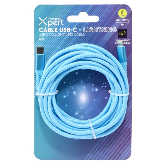 C&acirc;ble de charge USB vers lightning nylon 3m (2 mod&egrave;les bleu ou violet)