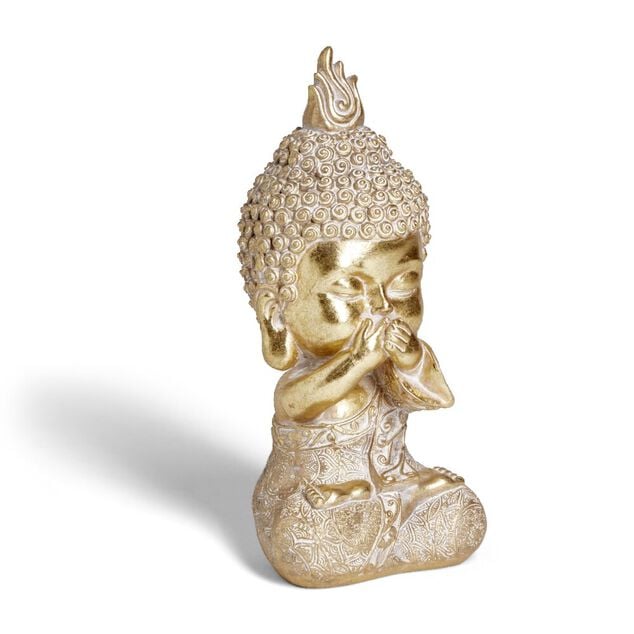 Bouddha de la sagesse Je ne dis rien r&eacute;sine dor&eacute; H19cm