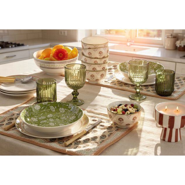Service vaisselle porcelaine 4 personnes 12 pi&egrave;ces motif floral vert et beige