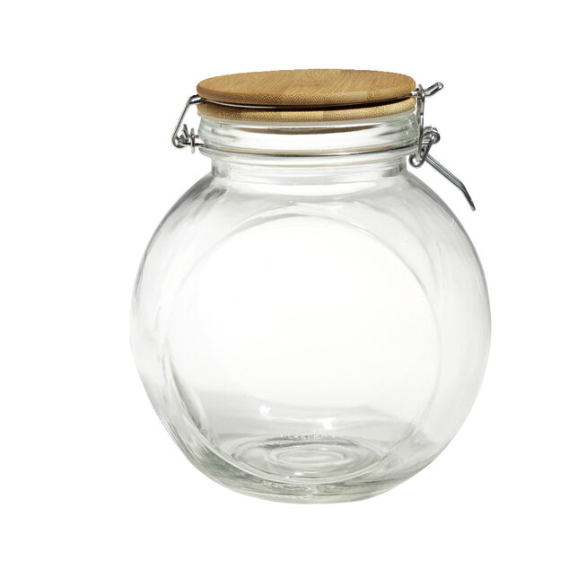 Bocal verre transparent 1,6L avec couvercle bambou et clip en fer