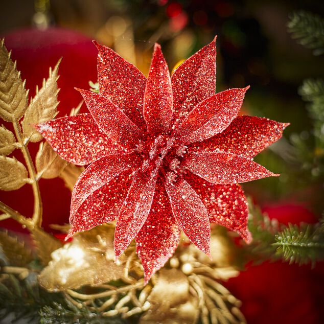 Fleur rouge &agrave; paillettes &agrave; suspendre No&euml;l x3