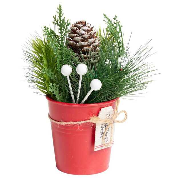 Décoration branche de pin dans pot rouge Ø8xH10cm