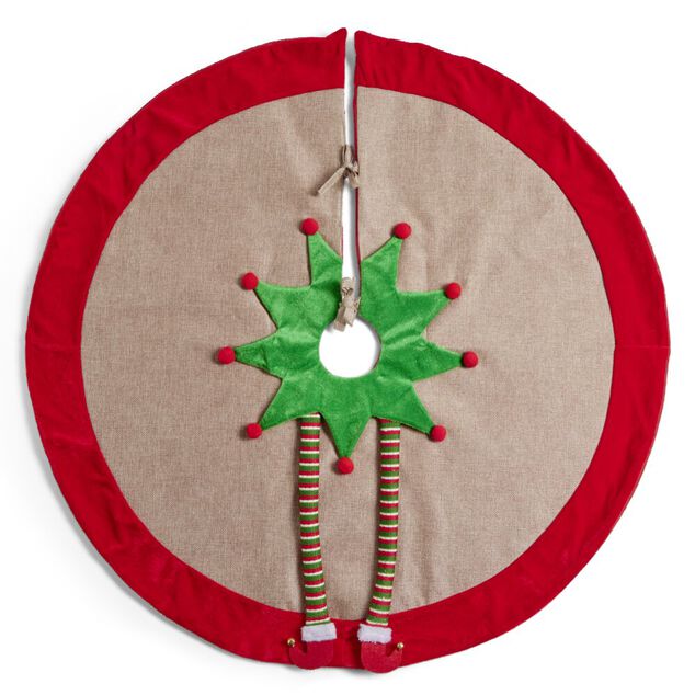 Tour de sapin d&eacute;cor rouge et vert pieds de lutin &Oslash;90cm