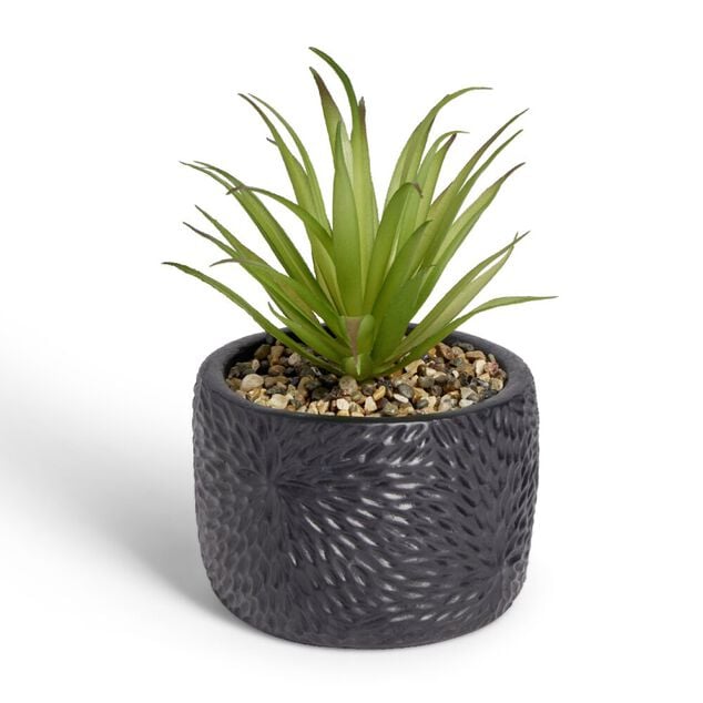 Plante artificielle verte pot ciment relief noir &Oslash;10xH17cm