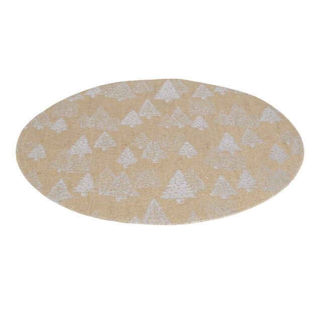 Set de table rond en jute naturel motifs sapins argent&eacute;s &Oslash;38cm