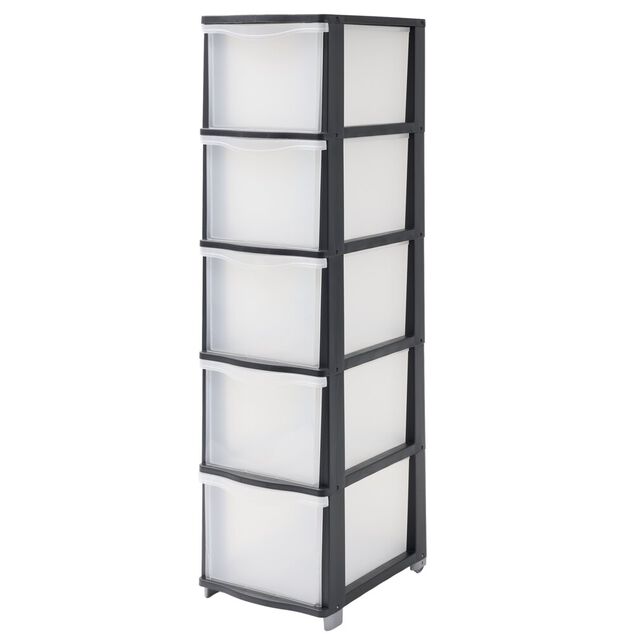 Tour de rangement &agrave; tiroirs x5 plastique noir et transparent 27x37xH102,5cm