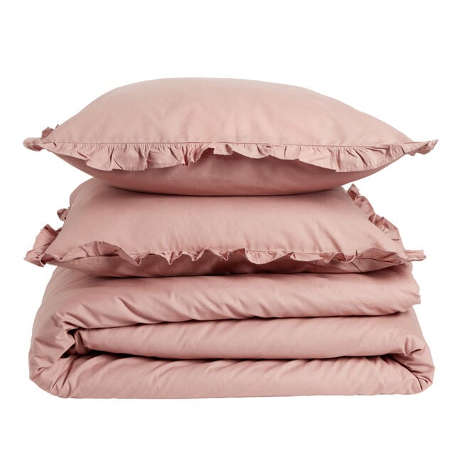 Parure de lit 2 personnes 220x240cm rose uni avec volants