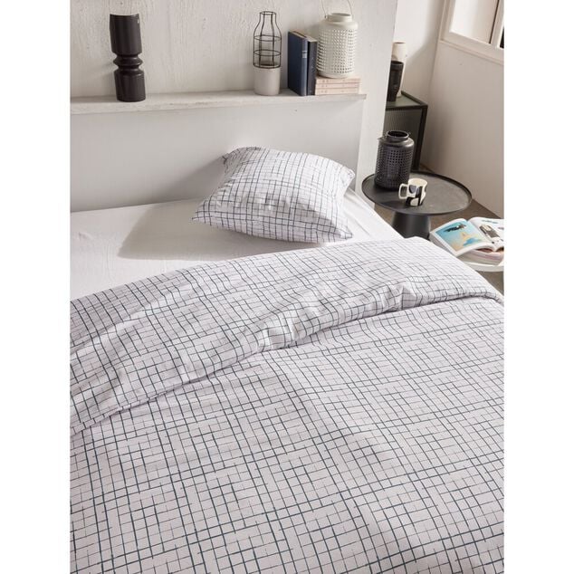 Parure de lit 2 personnes 220x240cm blanc quadrillage gris