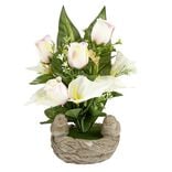 Pierre décor funéraire avec fleurs arum/rose et oiseau H26cm