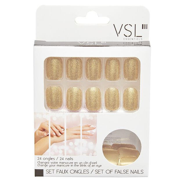 Kit faux ongles paillet&eacute;s dor&eacute;s 24 pi&egrave;ces